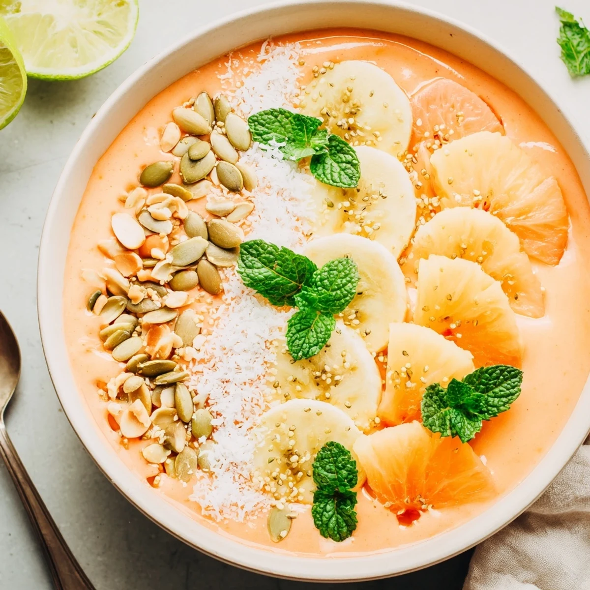 Refreshing Papaya Pineapple Coconut Smoothie Bowl with Lime Coconut Crunch, crunchy toasted seeds and zest.