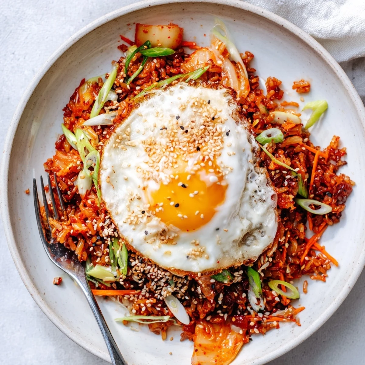 Kimchi Garlic Chili Fried Rice with Scallions steaming in skillet, sesame seeds glistening