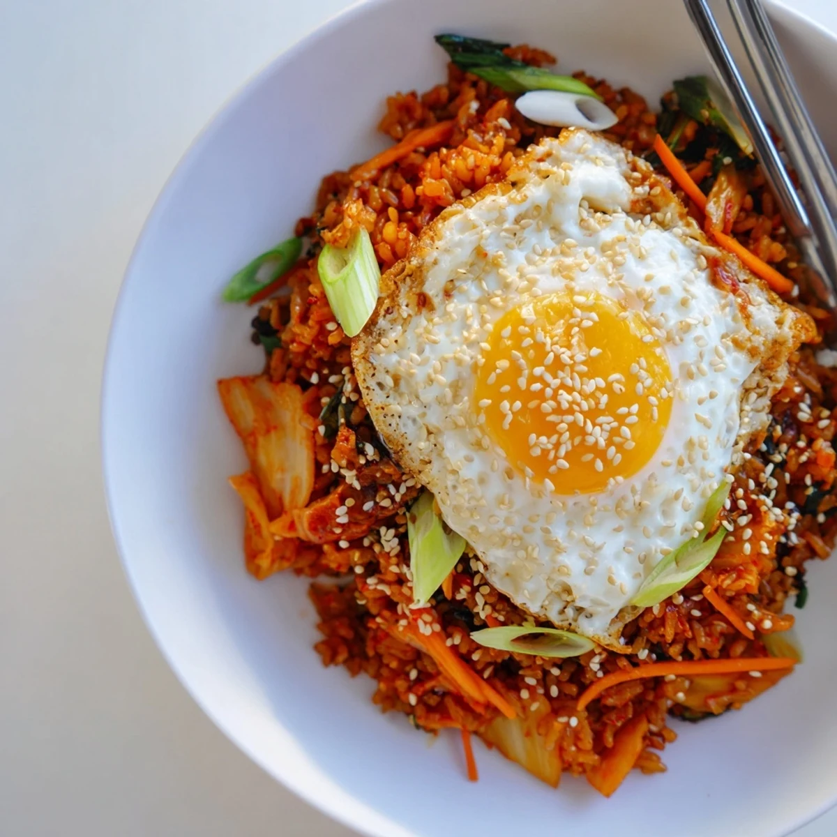Kimchi Garlic Chili Fried Rice with Scallions topped with runny fried egg, scallion curls