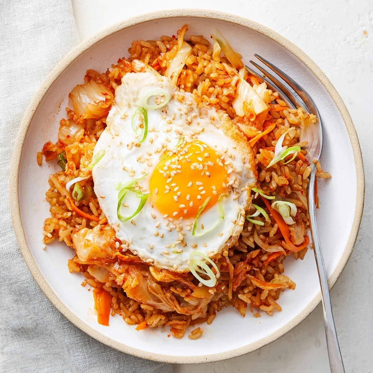 Kimchi Garlic Chili Fried Rice with Scallions tossed until slightly crispy, aromatic and spicy