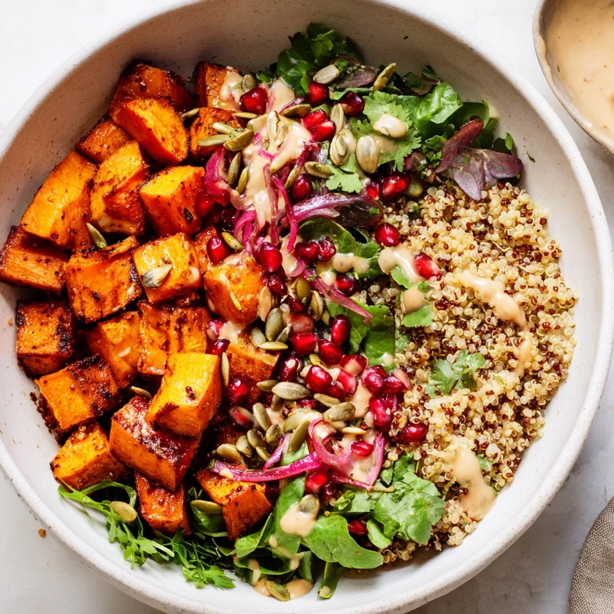 Roasted Sweet Potato Pomegranate Quinoa Grain Bowl with Citrus Tahini, caramelized and tangy