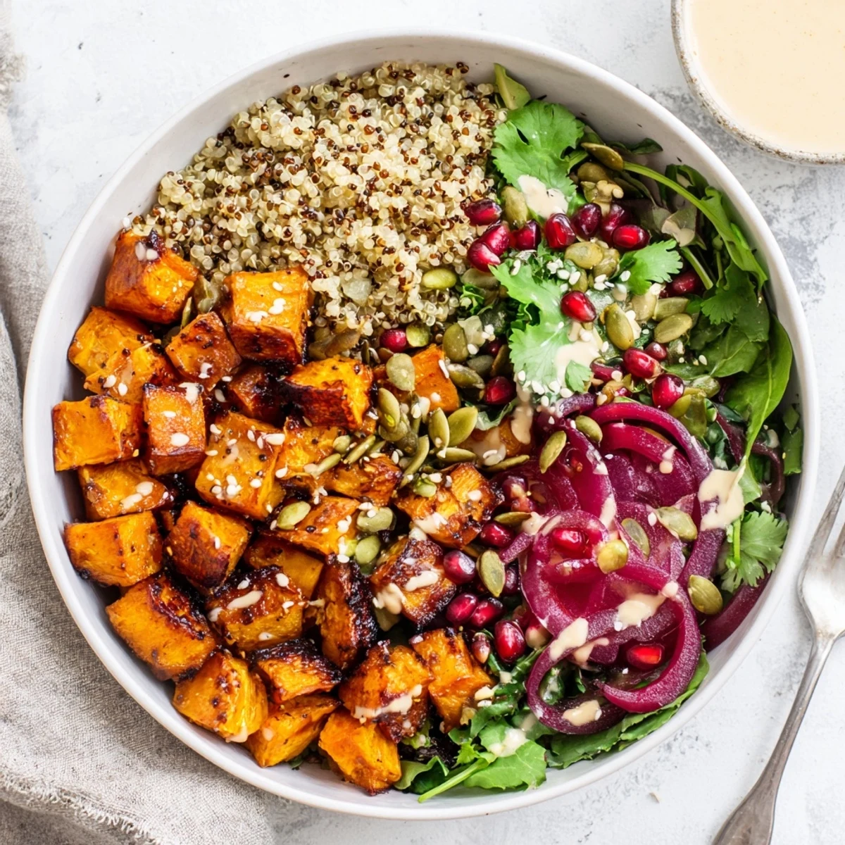 Warm, earthy Roasted Sweet Potato Pomegranate Quinoa Grain Bowl with Citrus Tahini