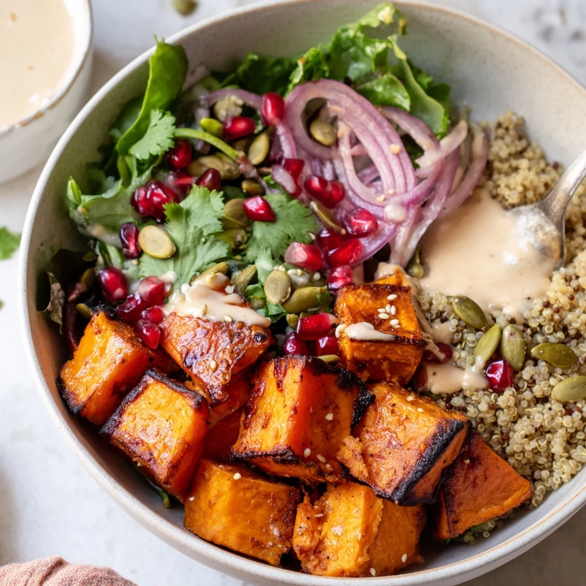 Roasted Sweet Potato Pomegranate Quinoa Grain Bowl with Citrus Tahini, bright pomegranate crunch