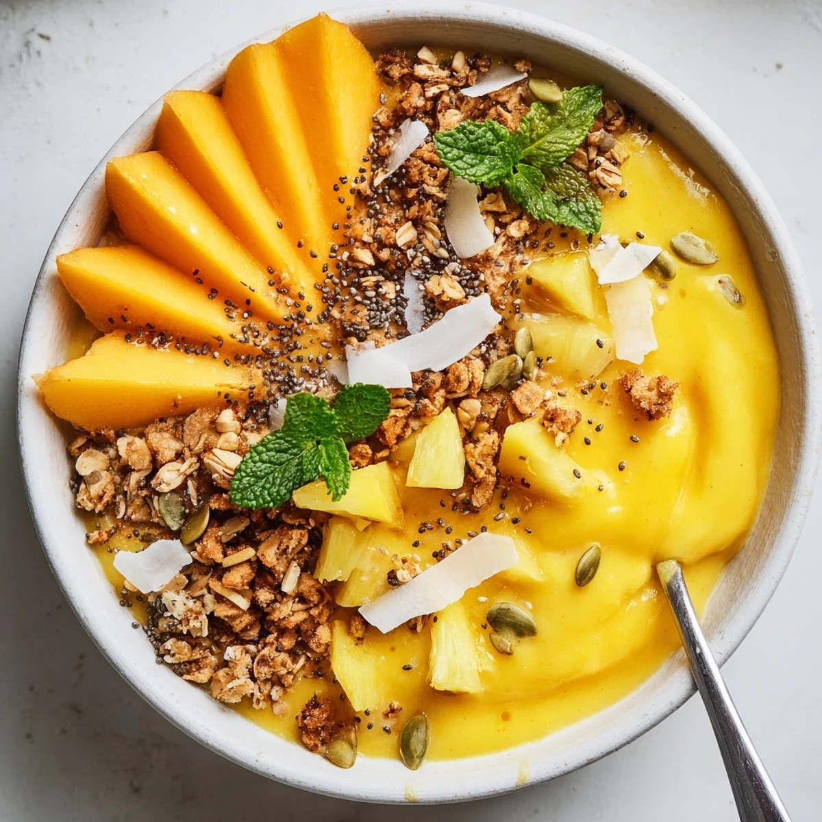 Mango Coconut Pineapple Smoothie Bowl with Chia Crunch vivid golden swirl garnished with mint