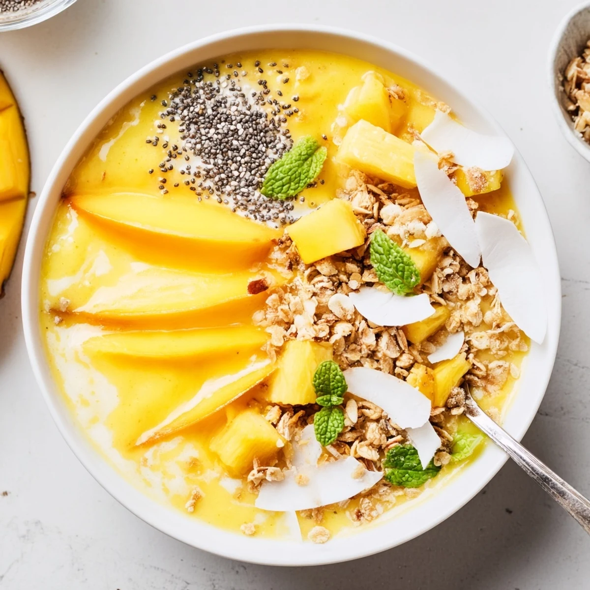 Mango Coconut Pineapple Smoothie Bowl with Chia Crunch topped with toasted coconut flakes