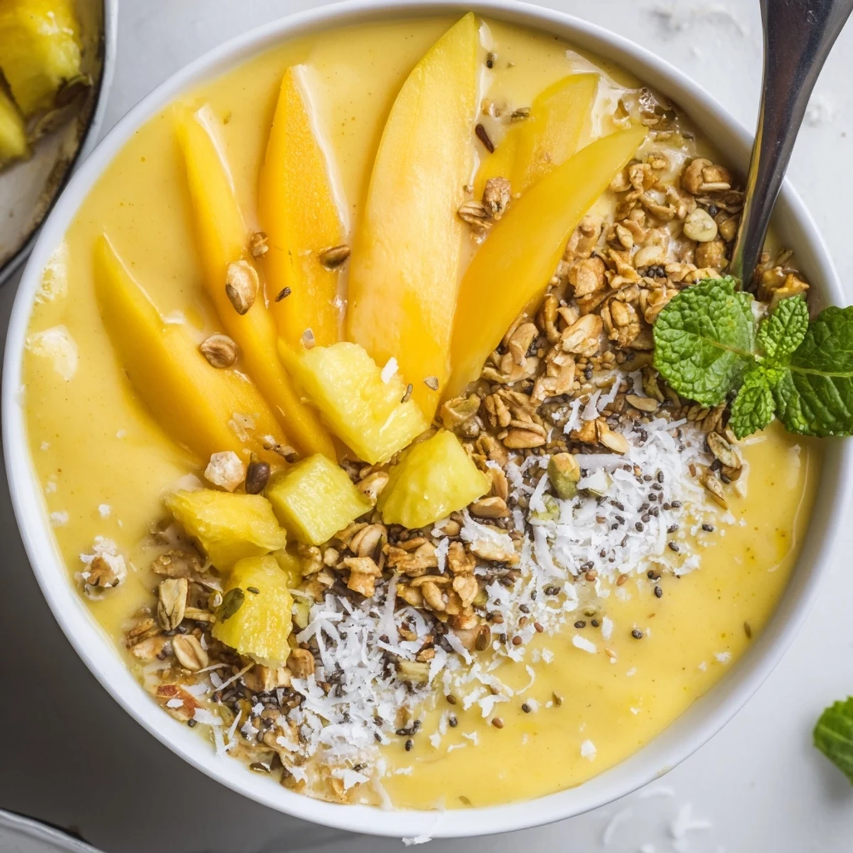 Mango Coconut Pineapple Smoothie Bowl with Chia Crunch served chilled, creamy, vibrant breakfast bowl