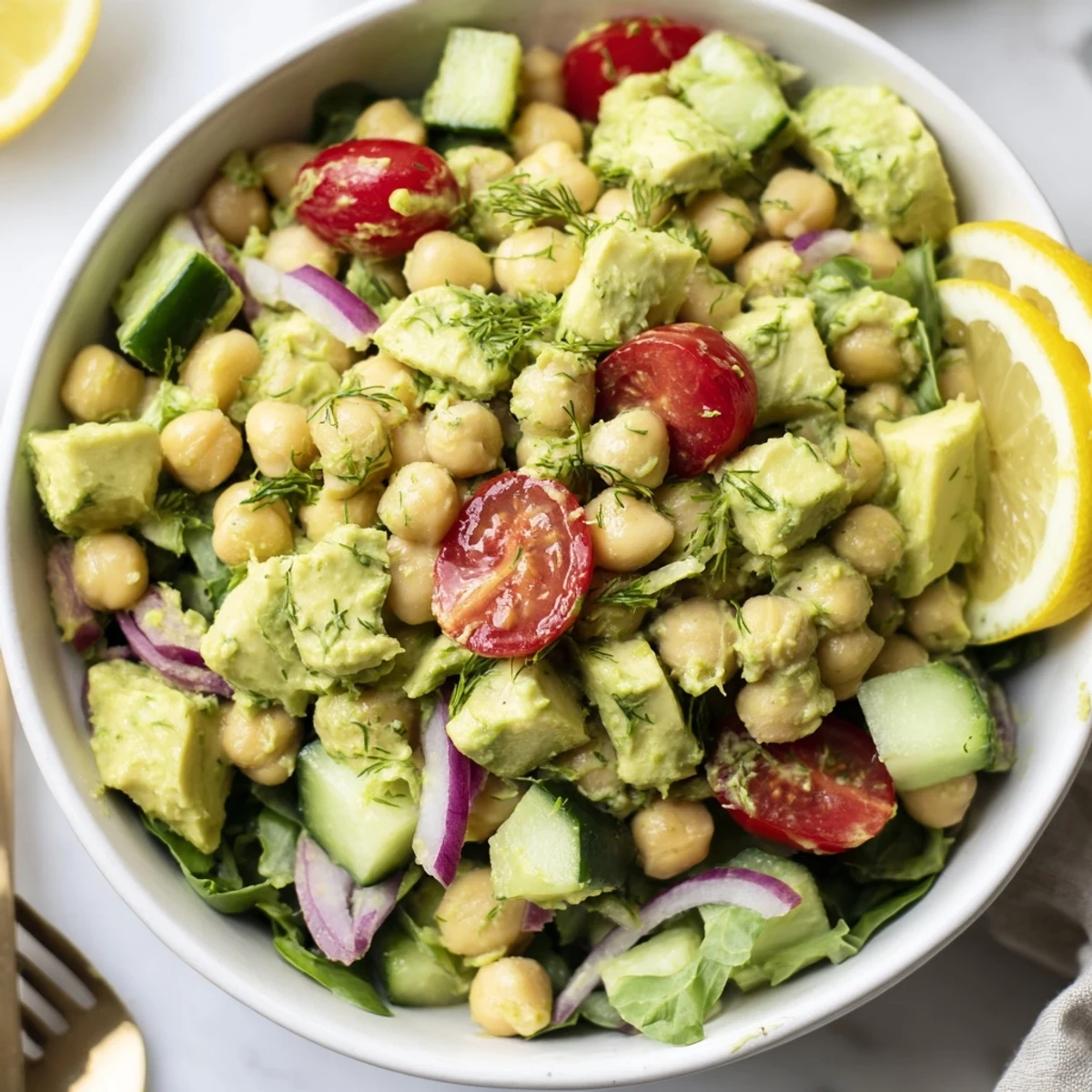 Bright, fork-ready Creamy Avocado Lemon Chickpea Salad Bowl with Fresh Dill