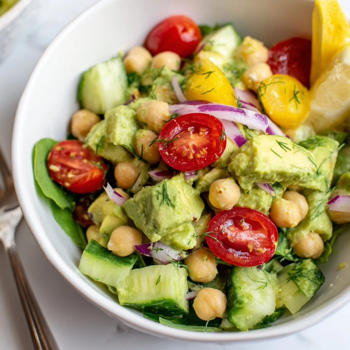 Creamy Avocado Lemon Chickpea Salad Bowl with Fresh Dill garnished with lemon wedge