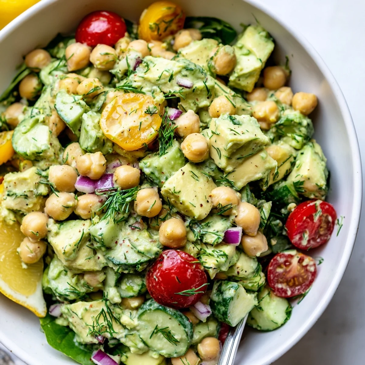 Creamy Avocado Lemon Chickpea Salad Bowl with Fresh Dill ready in 15 minutes