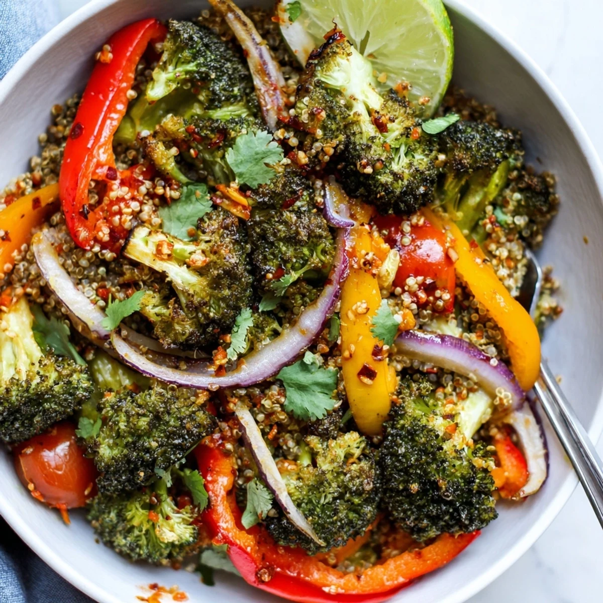 Colorful Spicy Garlic Roasted Broccoli Veggie Bowl with Chili Flakes, tossed in garlicky oil.