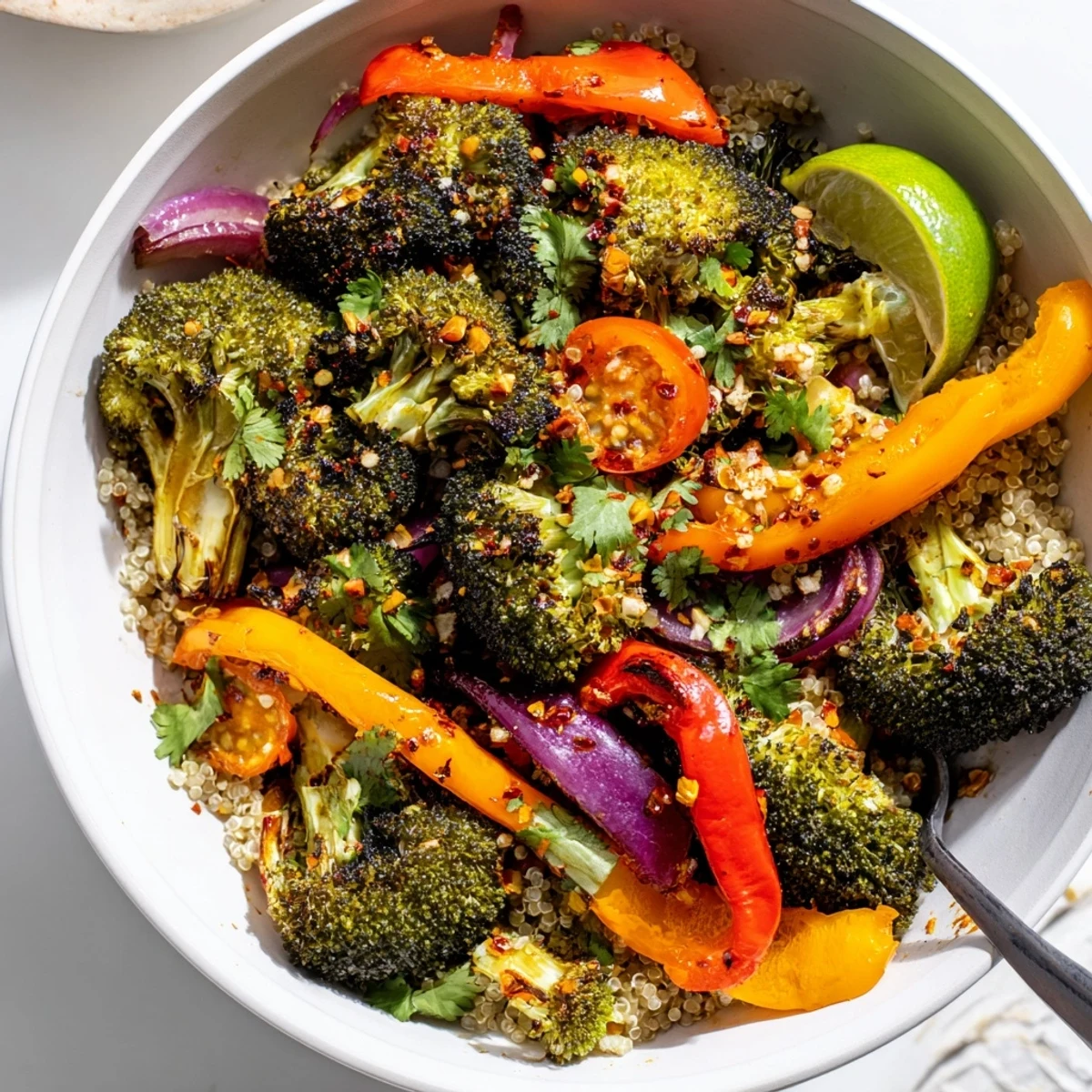 Spicy Garlic Roasted Broccoli Veggie Bowl with Chili Flakes, golden-charred florets and lime wedges.