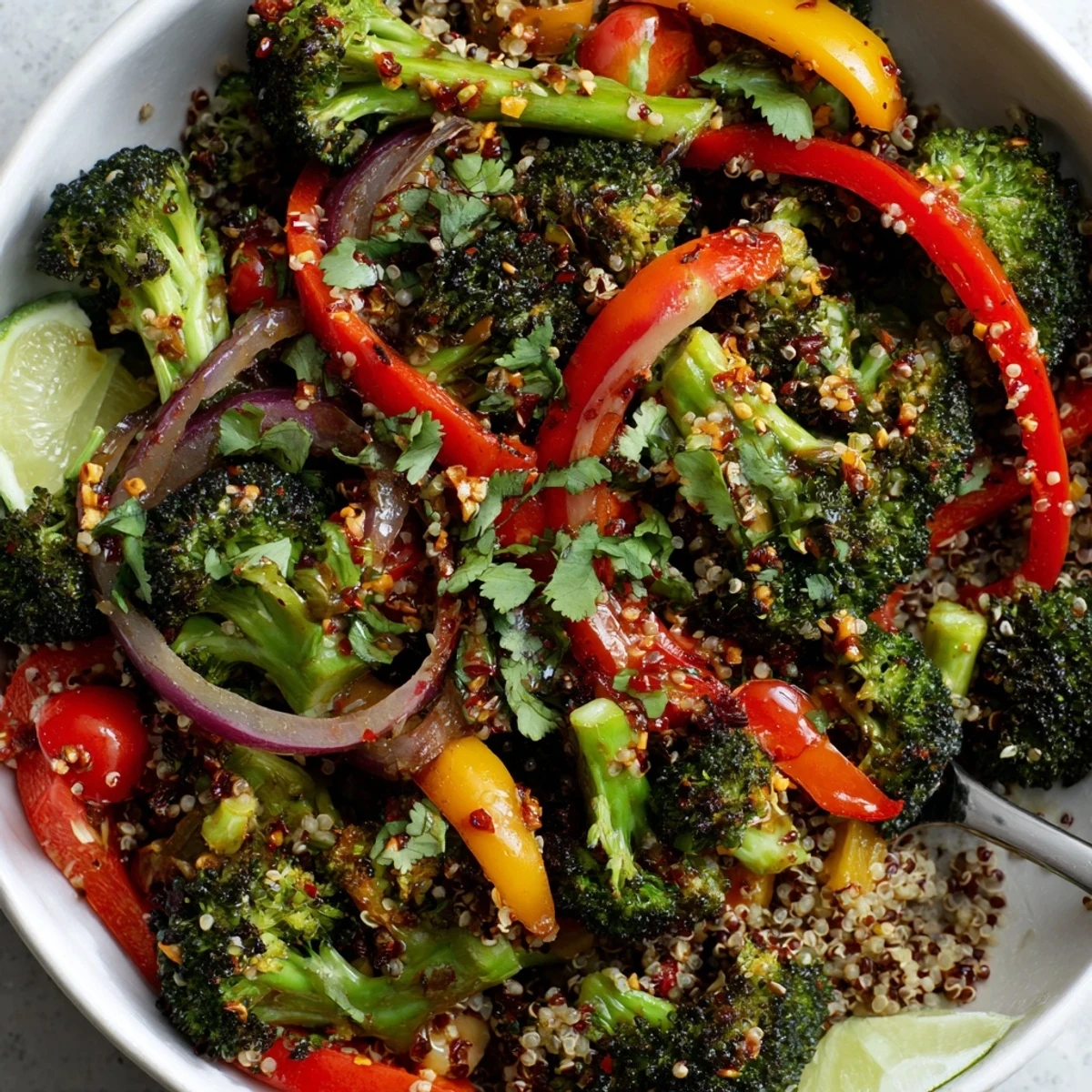 Warm Spicy Garlic Roasted Broccoli Veggie Bowl with Chili Flakes, charred peppers and sesame.