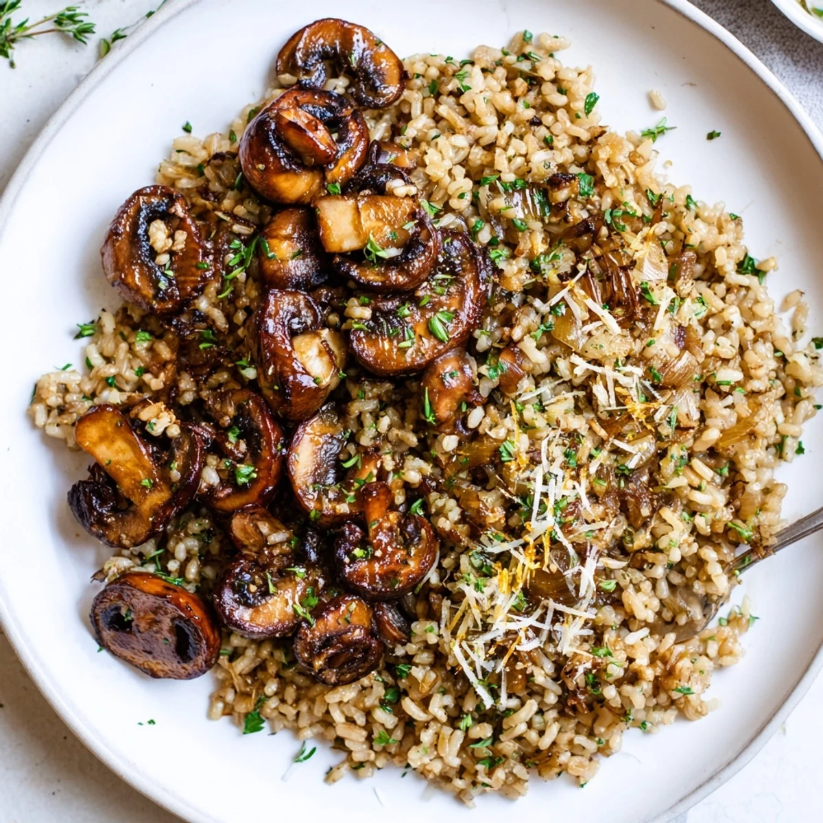 Garlic Herb Brown Rice with Roasted Mushrooms steaming in bowl, lemon zest aroma