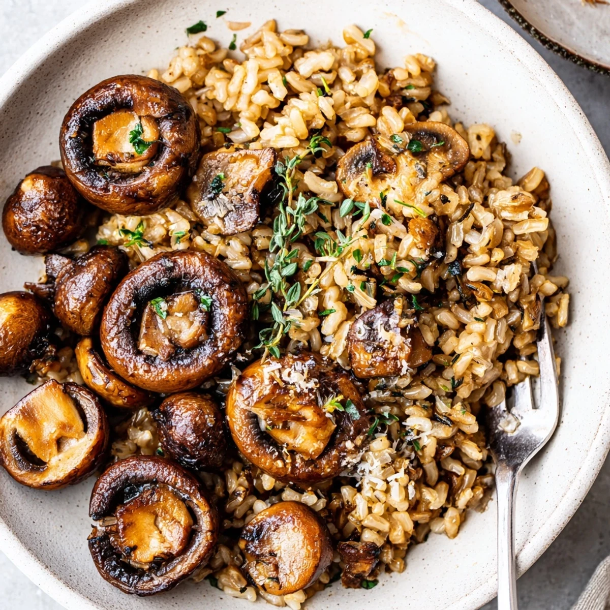 Warm Garlic Herb Brown Rice with Roasted Mushrooms topped with chopped parsley