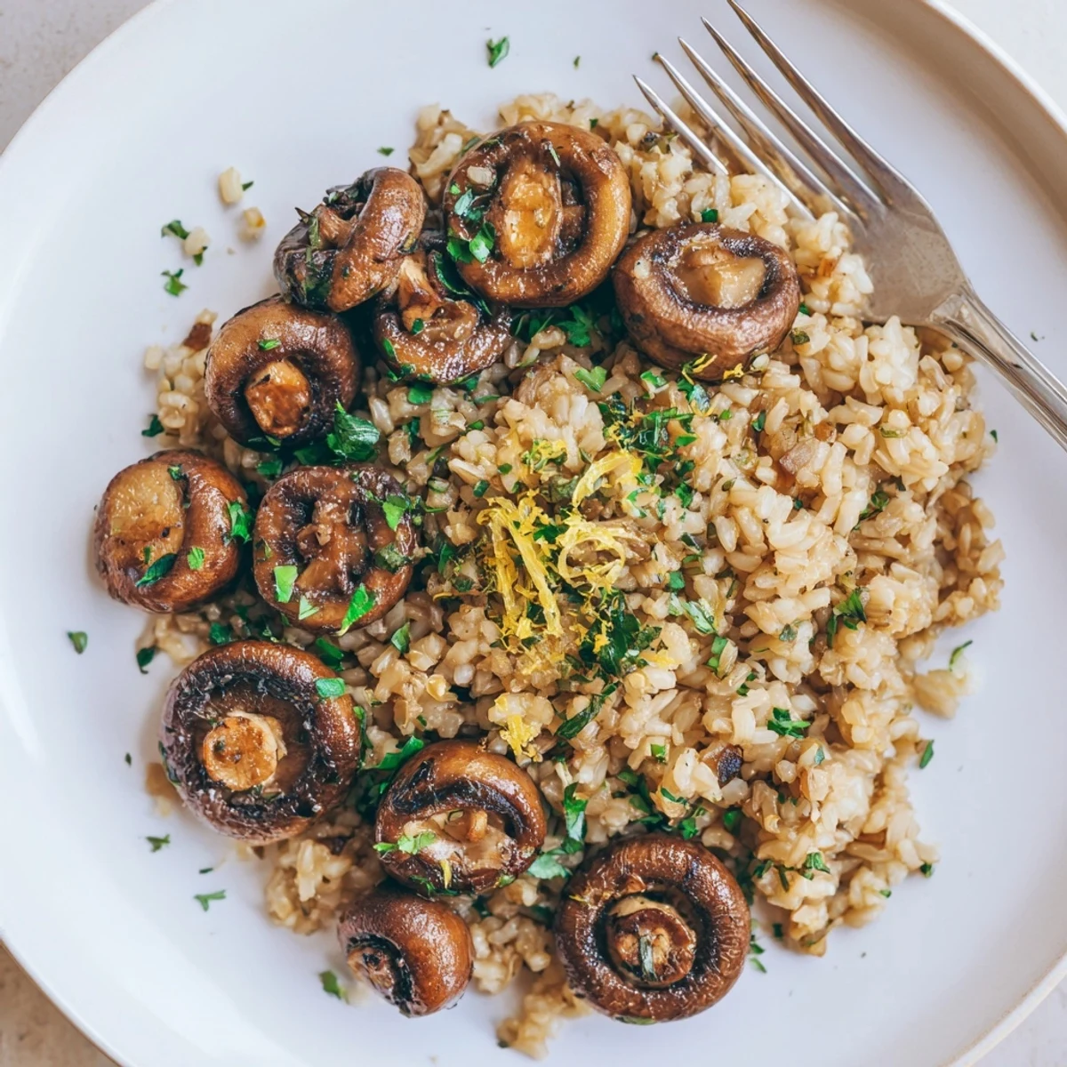 Rustic Garlic Herb Brown Rice with Roasted Mushrooms, lemony brightness and tender grains