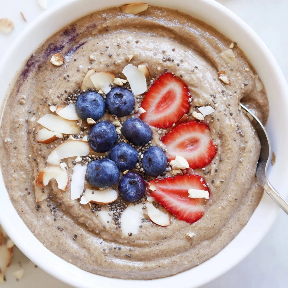 Blueberry Strawberry Almond Smoothie Bowl with Coconut Flakes, creamy, topped with sliced strawberries.