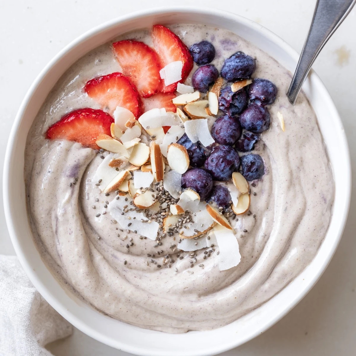 Blueberry Strawberry Almond Smoothie Bowl with Coconut Flakes, garnished with chia and toasted almonds.