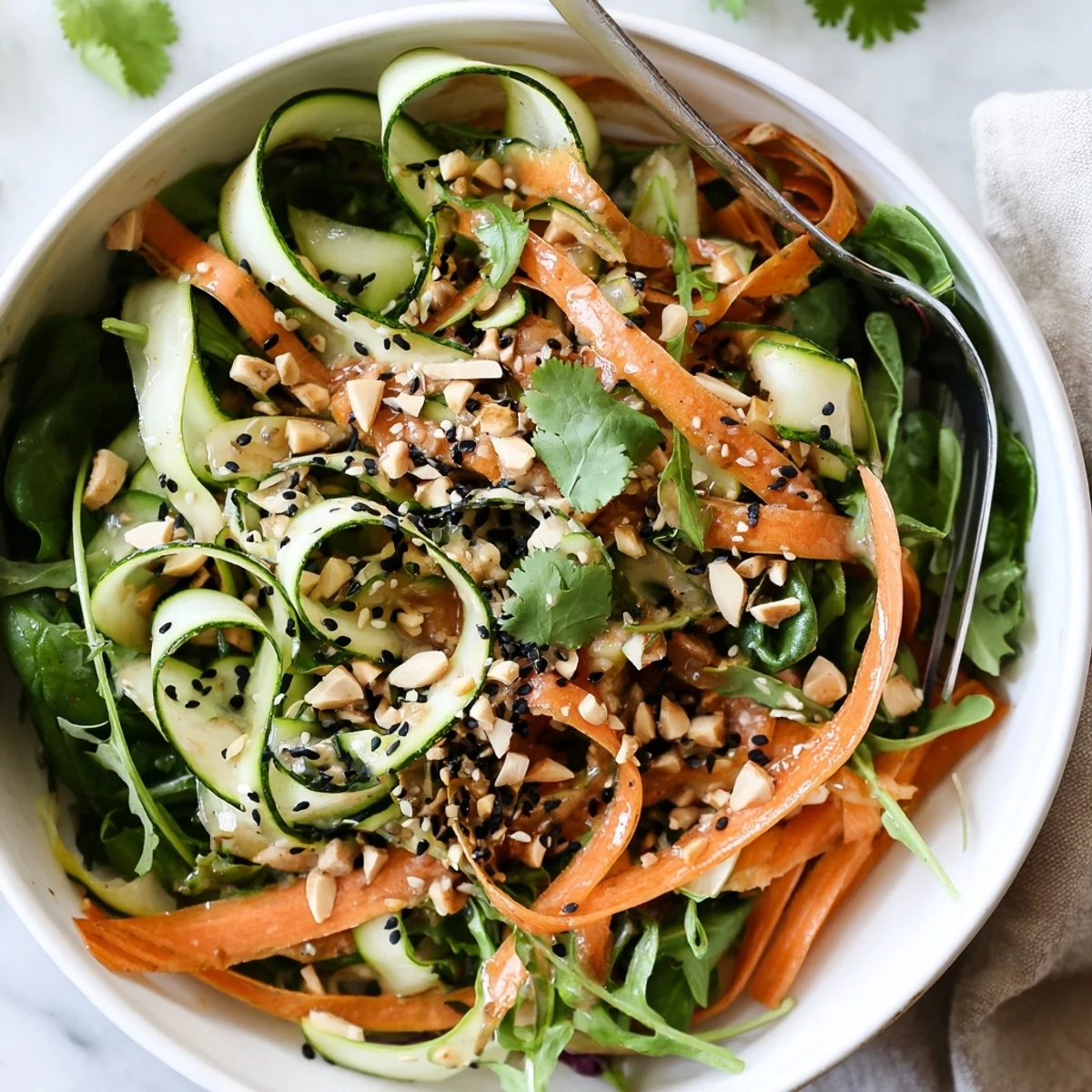 Crisp Shaved Cucumber Carrot Almond Salad Bowl with Sesame Dressing, toasted almond crunch