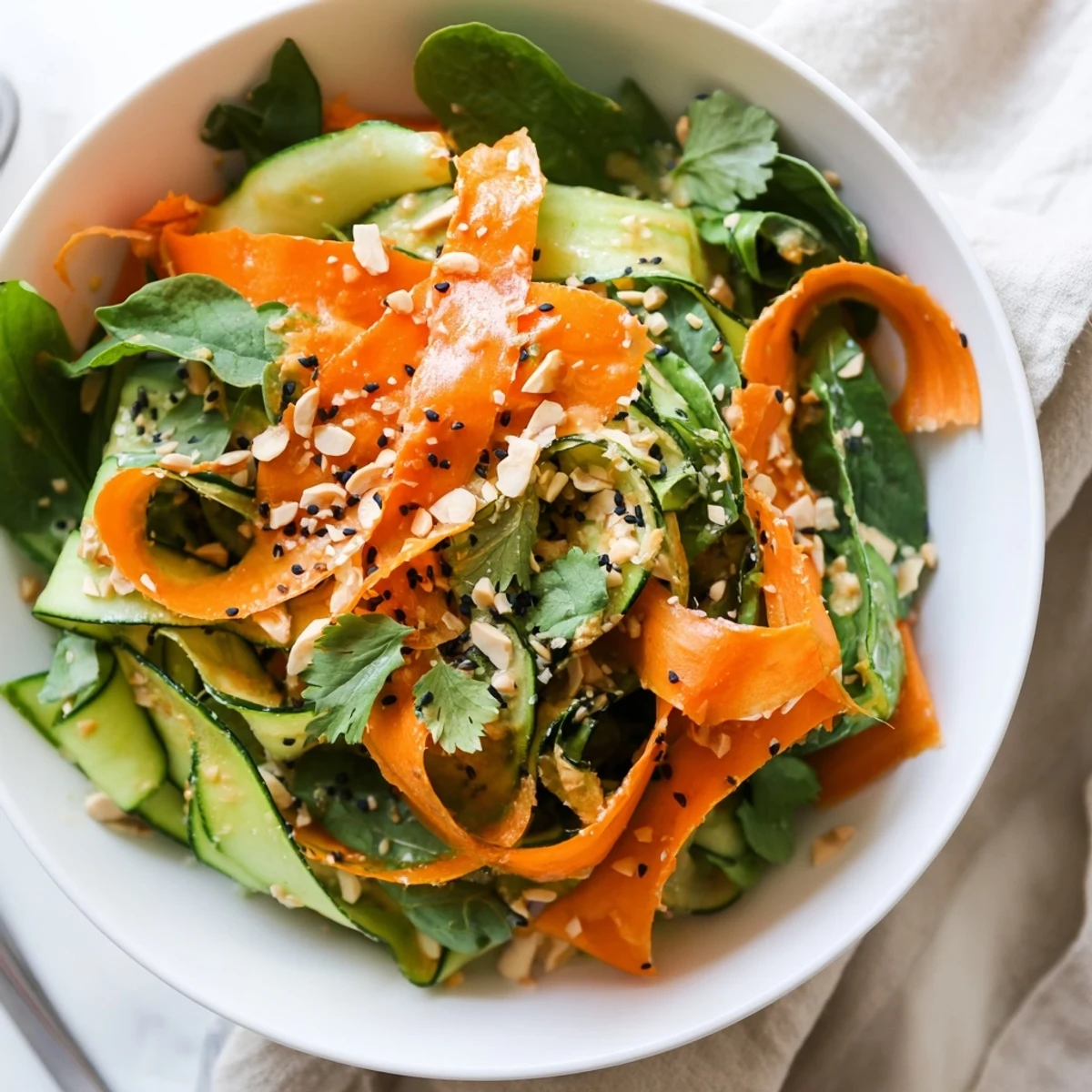 Shaved Cucumber Carrot Almond Salad Bowl with Sesame Dressing, tangy tahini finish and cilantro
