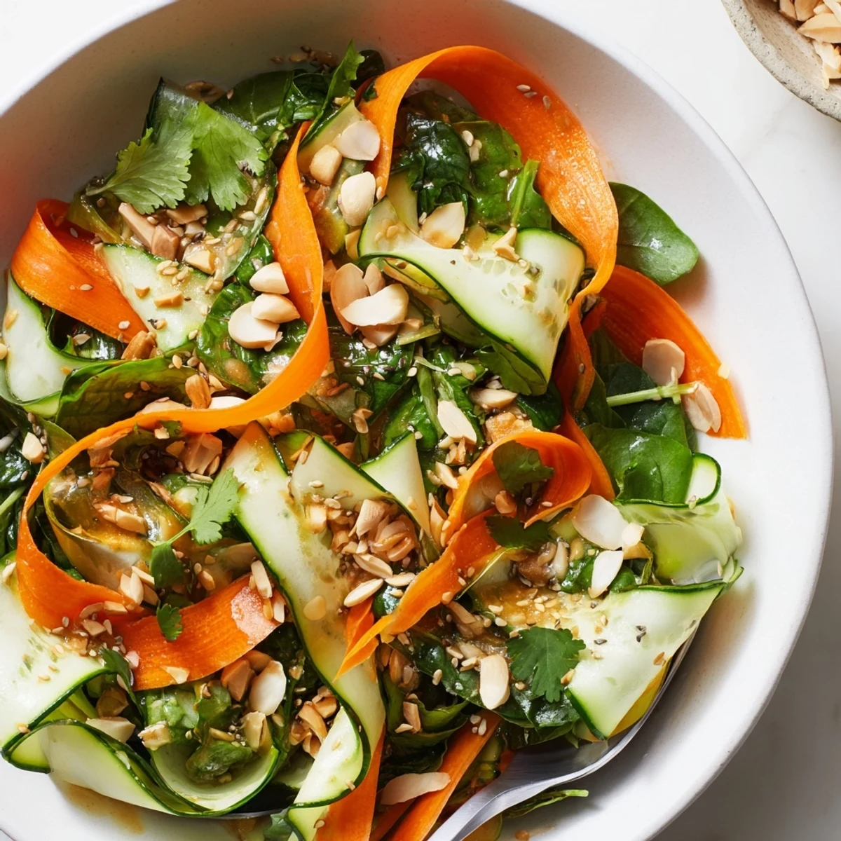 Serve chilled Shaved Cucumber Carrot Almond Salad Bowl with Sesame Dressing, ribboned vegetables