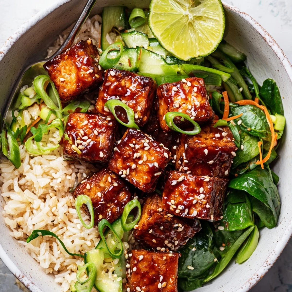 Sticky Maple Sriracha Tempeh Vegan Bowl with Sesame Greens glistening over fluffy jasmine rice