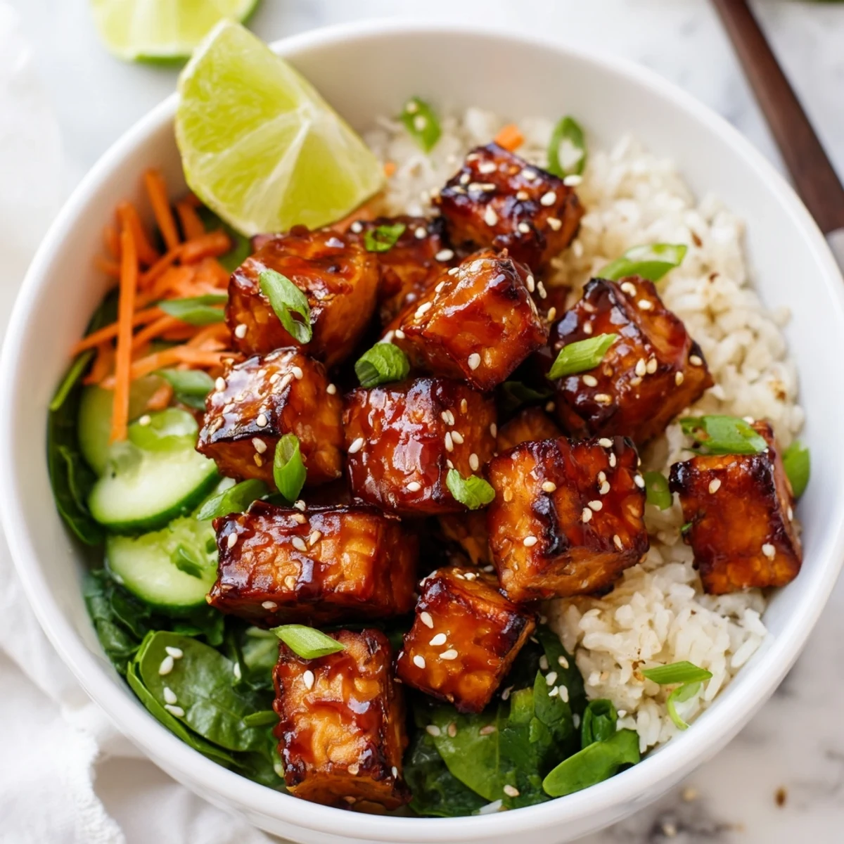 Warm Sticky Maple Sriracha Tempeh Vegan Bowl with Sesame Greens, avocado, lime wedge