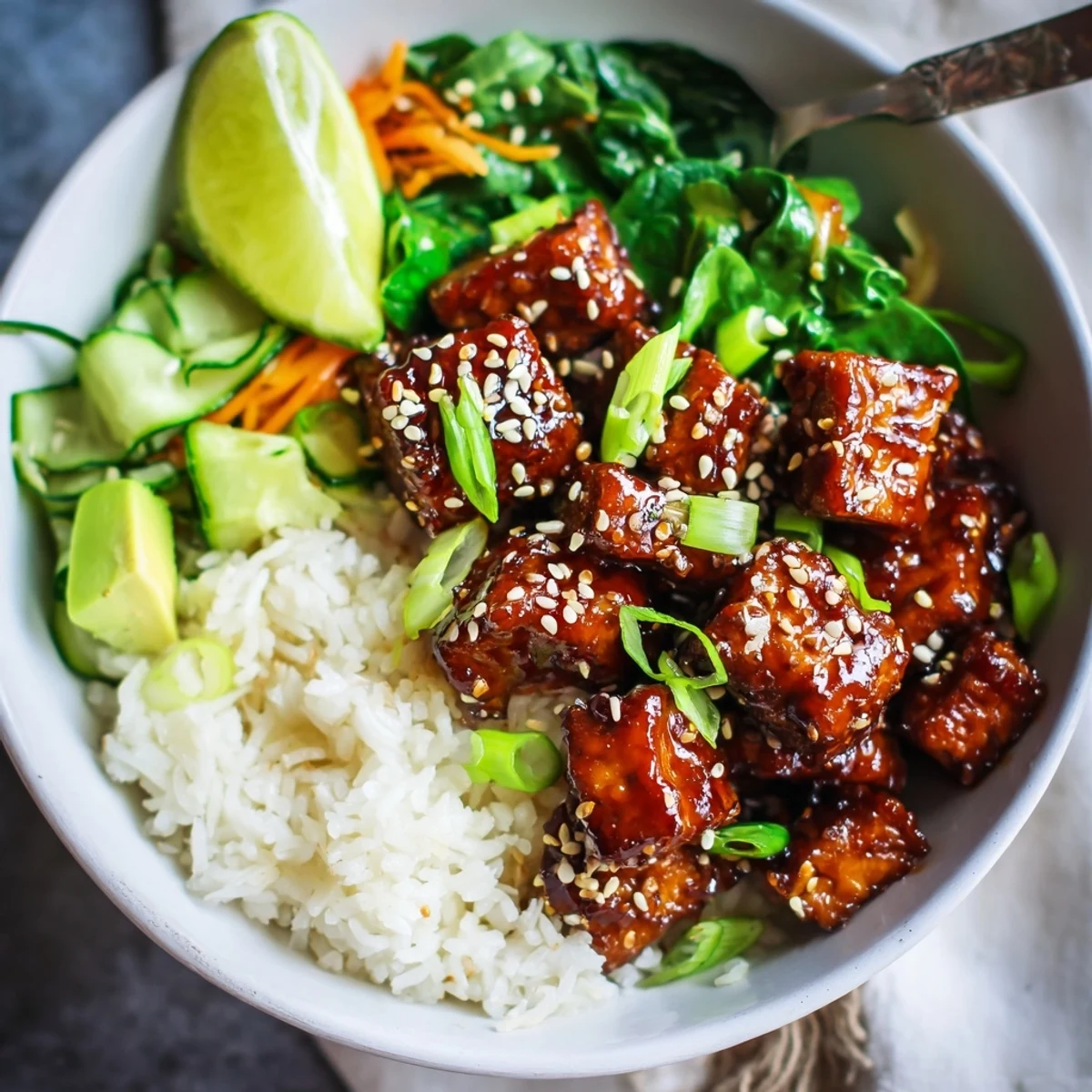 Fresh Sticky Maple Sriracha Tempeh Vegan Bowl with Sesame Greens topped with sliced avocado