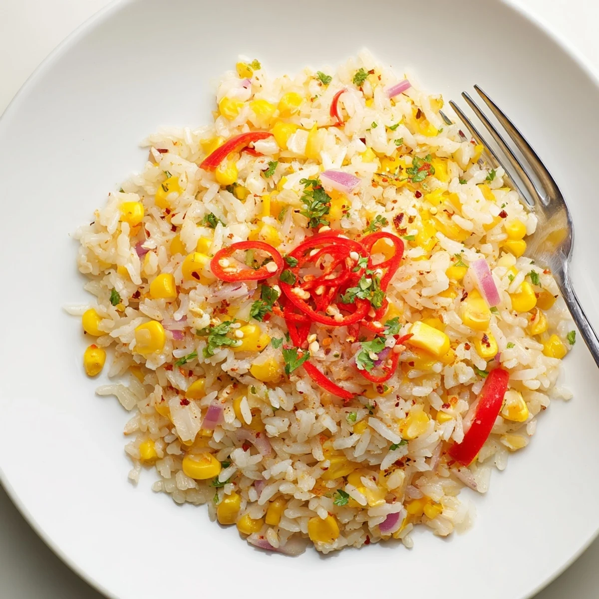 Chili Lime Corn Fried Rice with Fresh Cilantro sizzling, bright corn, zesty lime