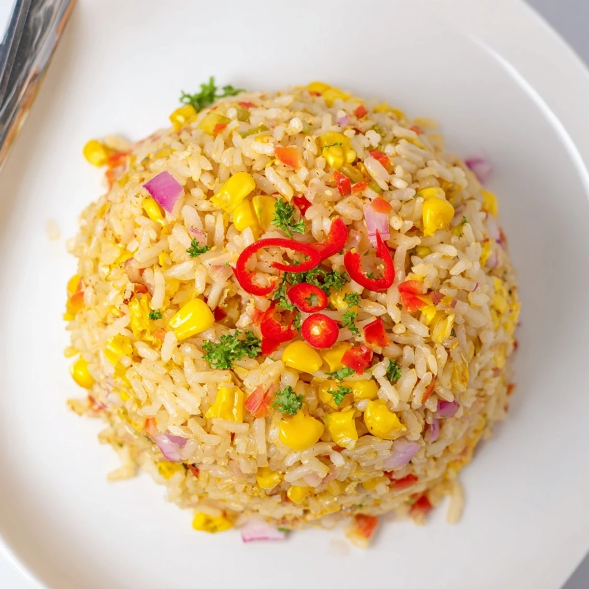 Chili Lime Corn Fried Rice with Fresh Cilantro tossed with scallions, lime, fried egg