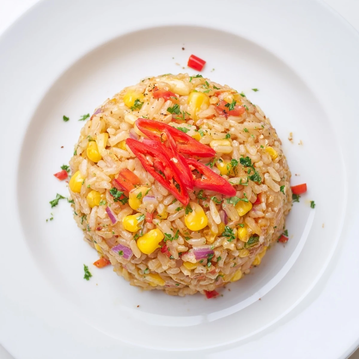 Bright bowl of Chili Lime Corn Fried Rice with Fresh Cilantro, smoky paprika aroma