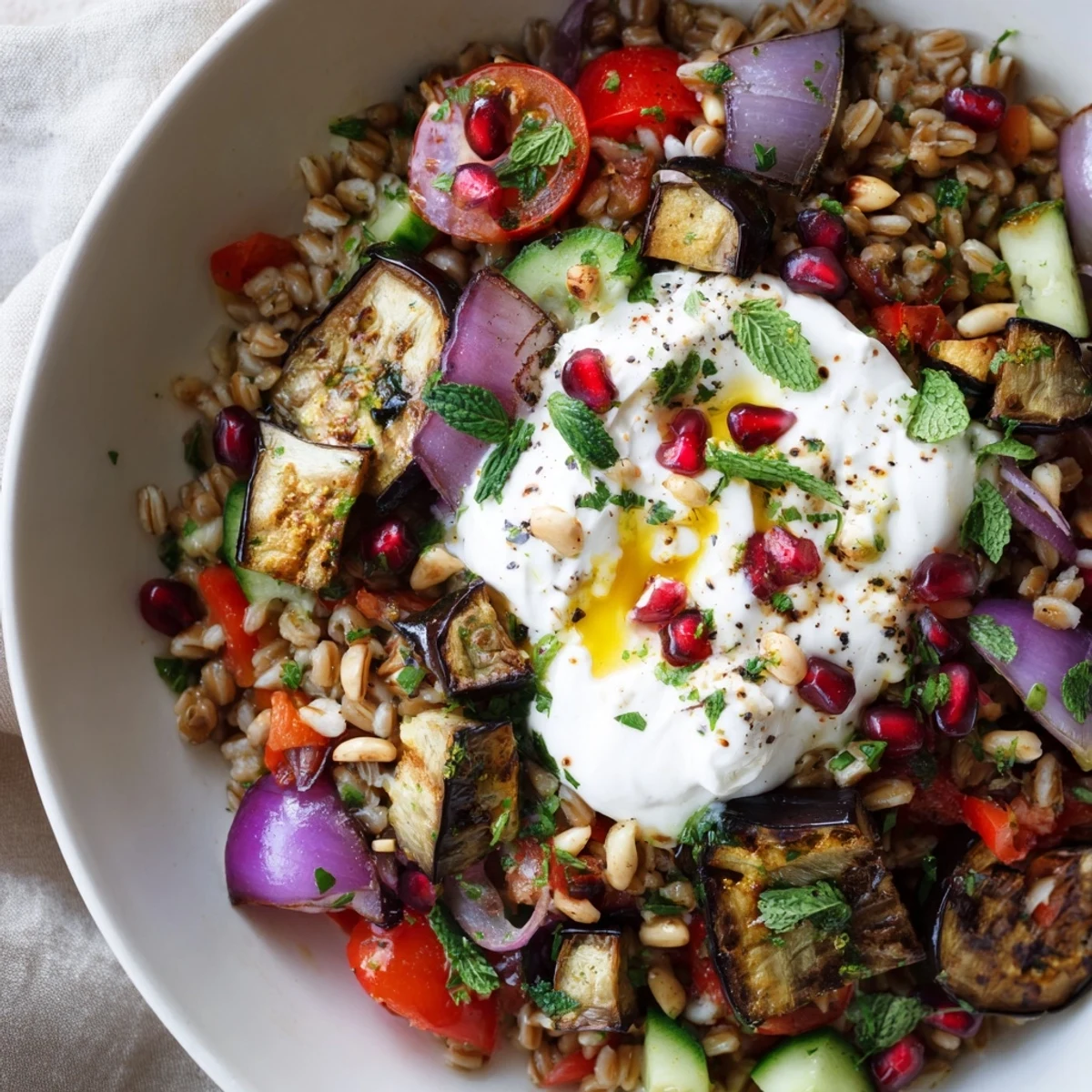 Mediterranean Roasted Eggplant Farro Grain Bowl with Yogurt, creamy dollop and jewel-like pomegranate
