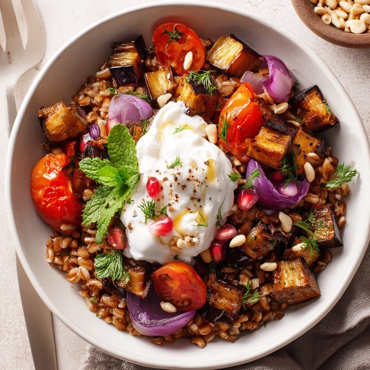 Warm Mediterranean Roasted Eggplant Farro Grain Bowl with Yogurt topped with toasted pine nuts