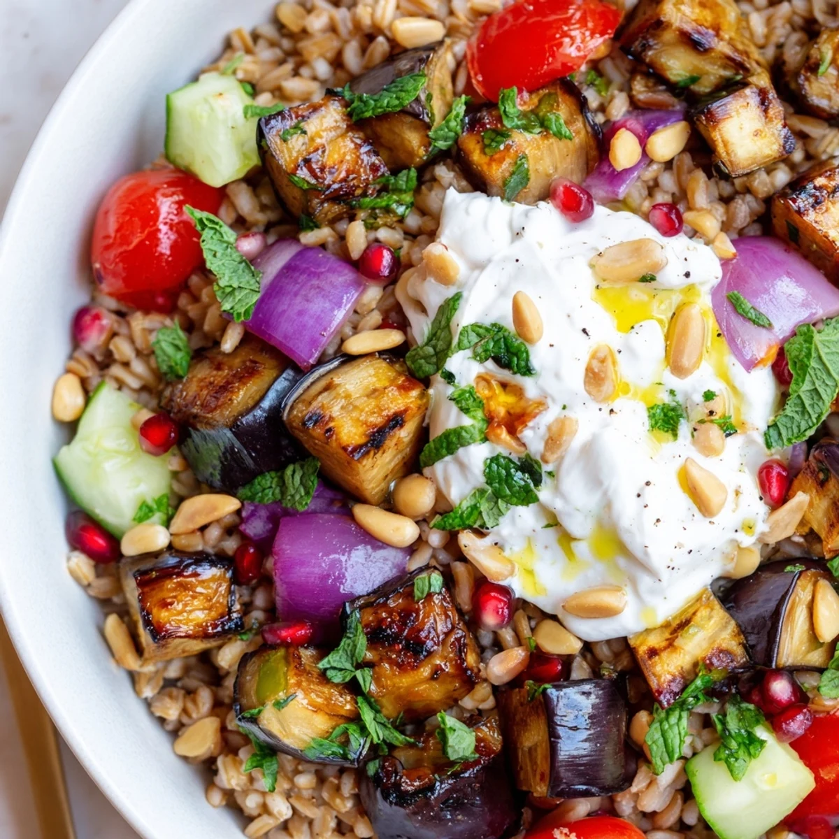 Mediterranean Roasted Eggplant Farro Grain Bowl with Yogurt served beside warm pita and lemon