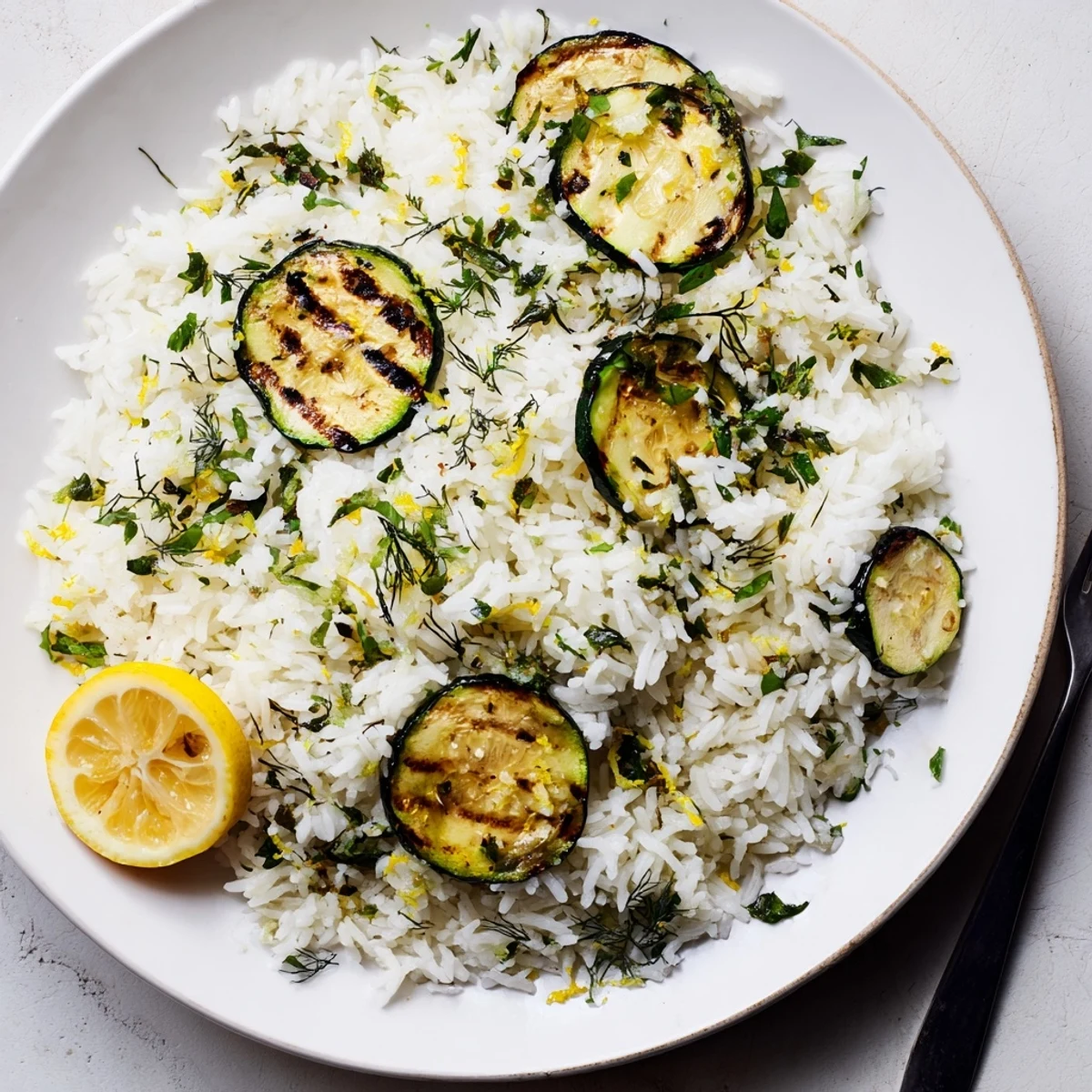 Garlic Lemon Herb Jasmine Rice with Charred Zucchini steaming, fragrant, garnished with lemon