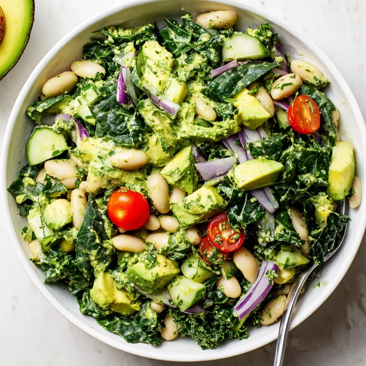 Creamy Avocado White Bean Kale Salad Bowl with Fresh Herbs, zesty lemon dressing