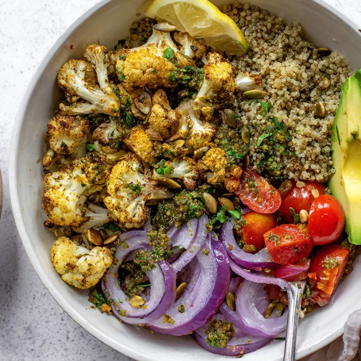 Roasted Cauliflower Chimichurri Quinoa Grain Bowl with Pumpkin Seeds, golden florets and tangy chimichurri