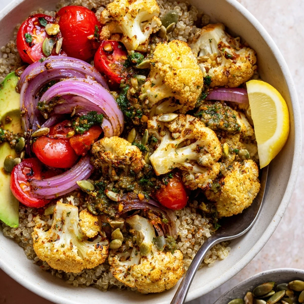 Roasted Cauliflower Chimichurri Quinoa Grain Bowl with Pumpkin Seeds, fluffy quinoa and lemon wedge