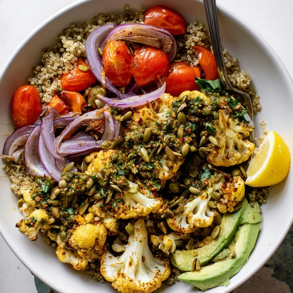 Toasted pepitas and avocado in Roasted Cauliflower Chimichurri Quinoa Grain Bowl with Pumpkin Seeds
