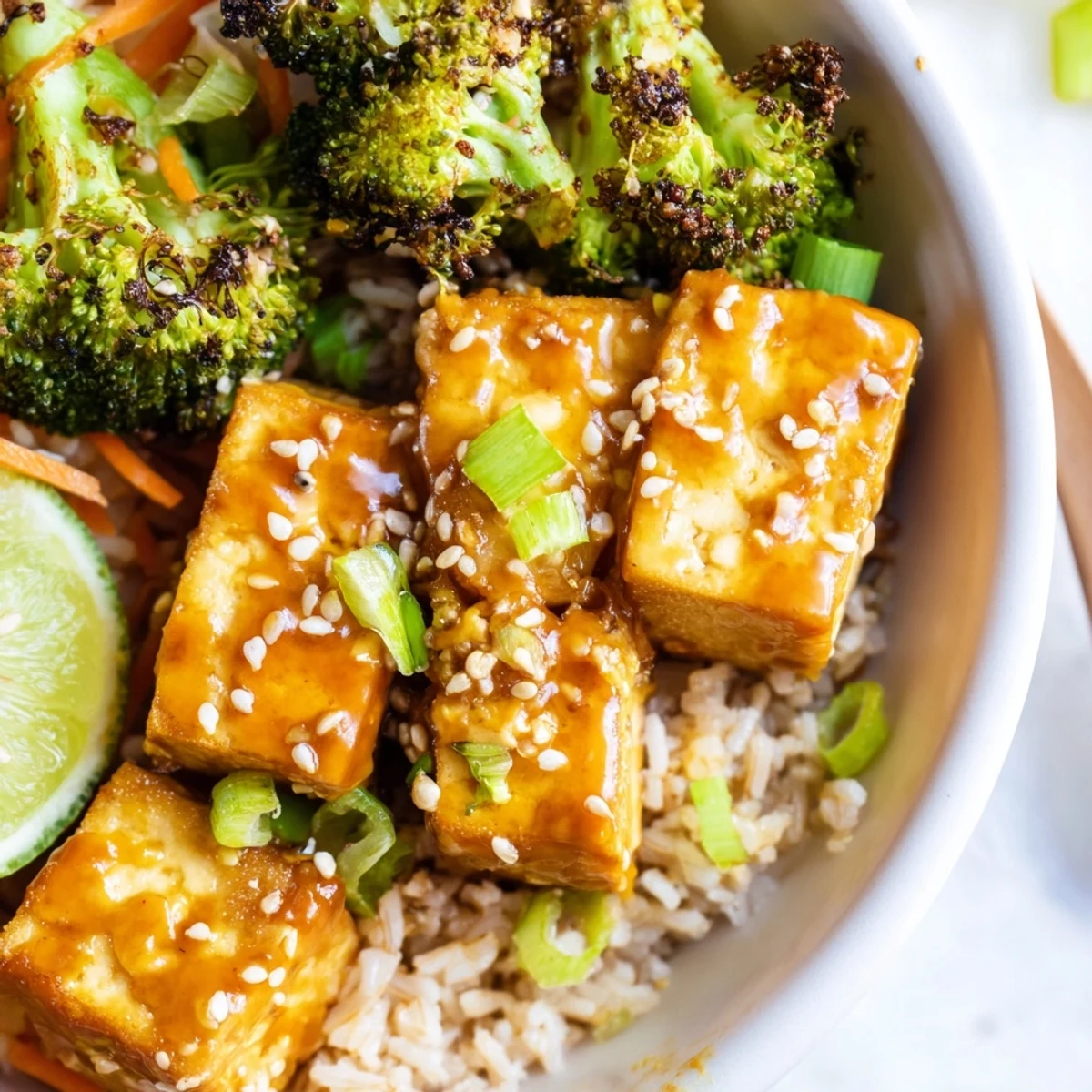 Sticky Orange Maple Tofu Vegan Bowl with Sesame Broccoli, served over fluffy jasmine rice