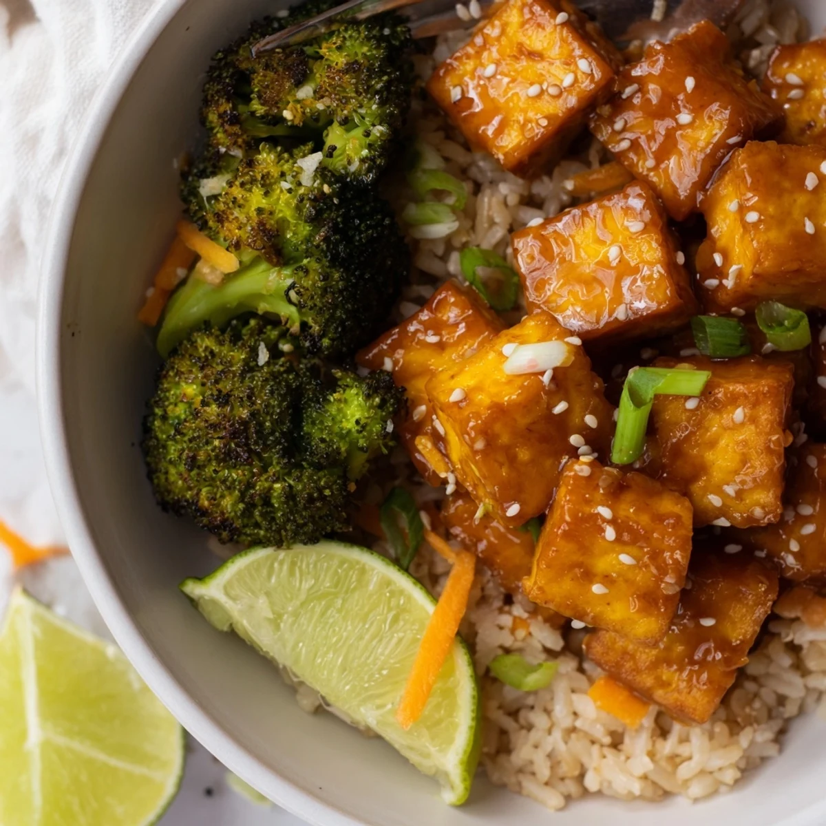 Sticky Orange Maple Tofu Vegan Bowl with Sesame Broccoli, crispy tofu and lime wedge