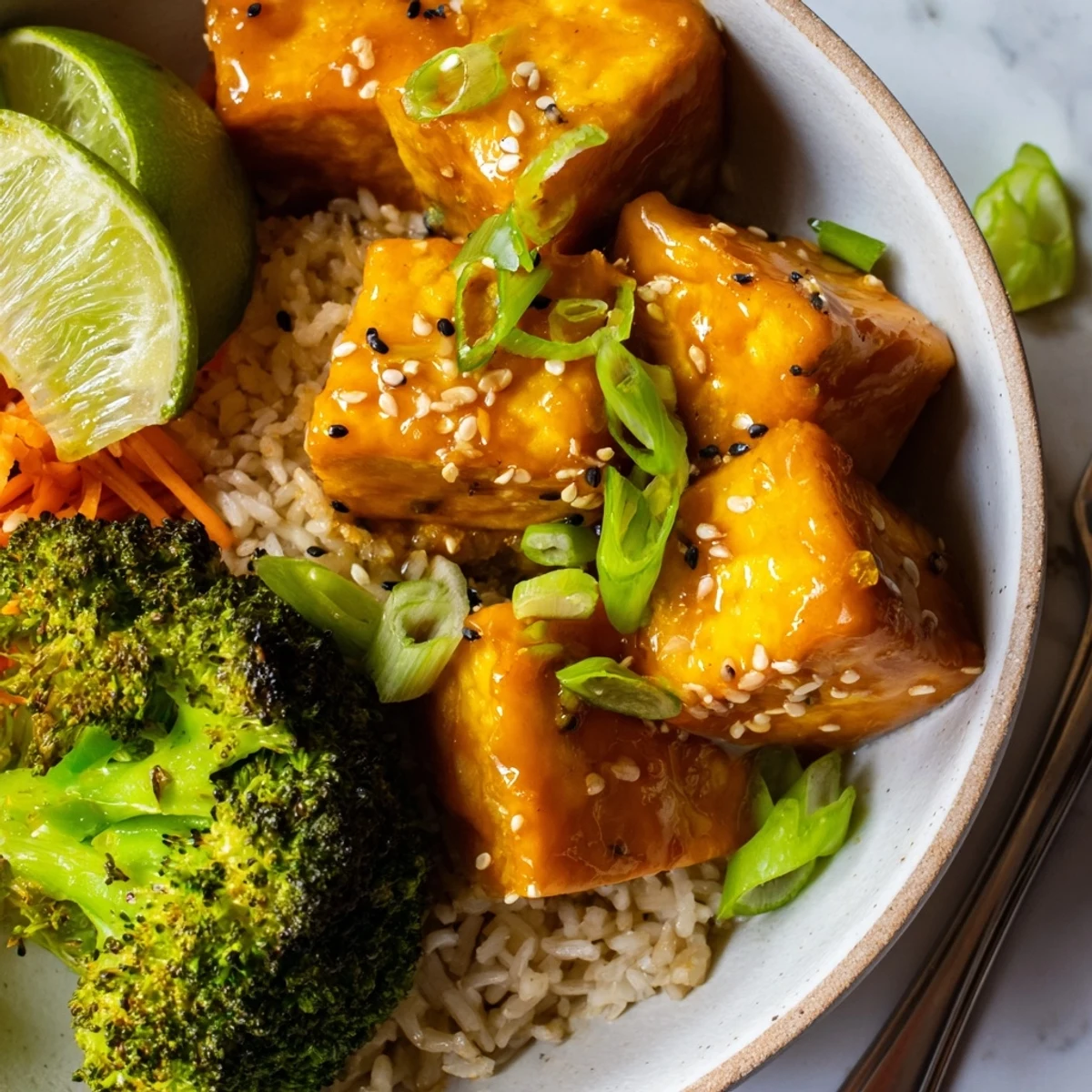 Glistening Sticky Orange Maple Tofu Vegan Bowl with Sesame Broccoli, fragrant citrus glaze