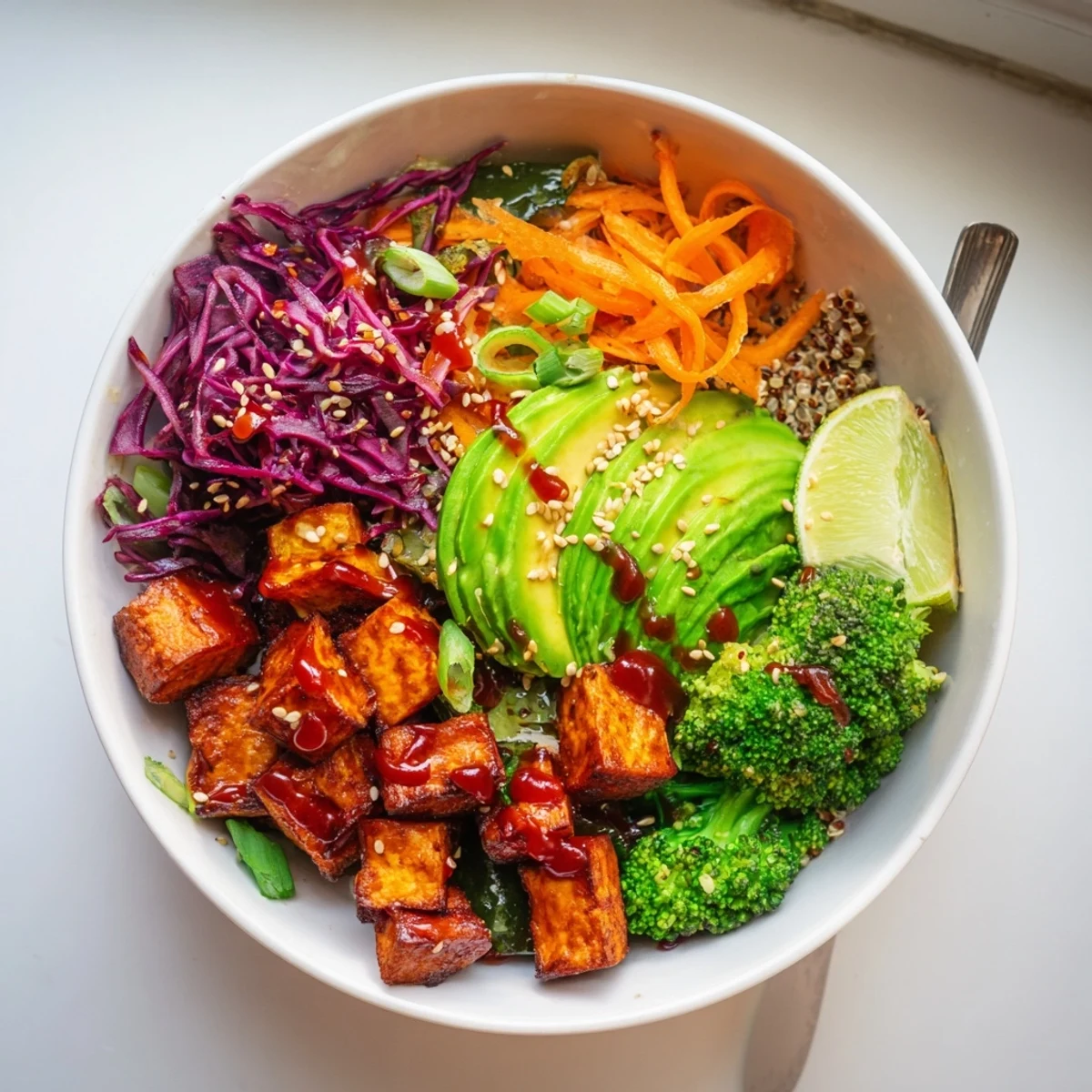 Spicy Chili Oil Roasted Sweet Potato Veggie Bowl with Sesame Seeds, caramelized and spicy