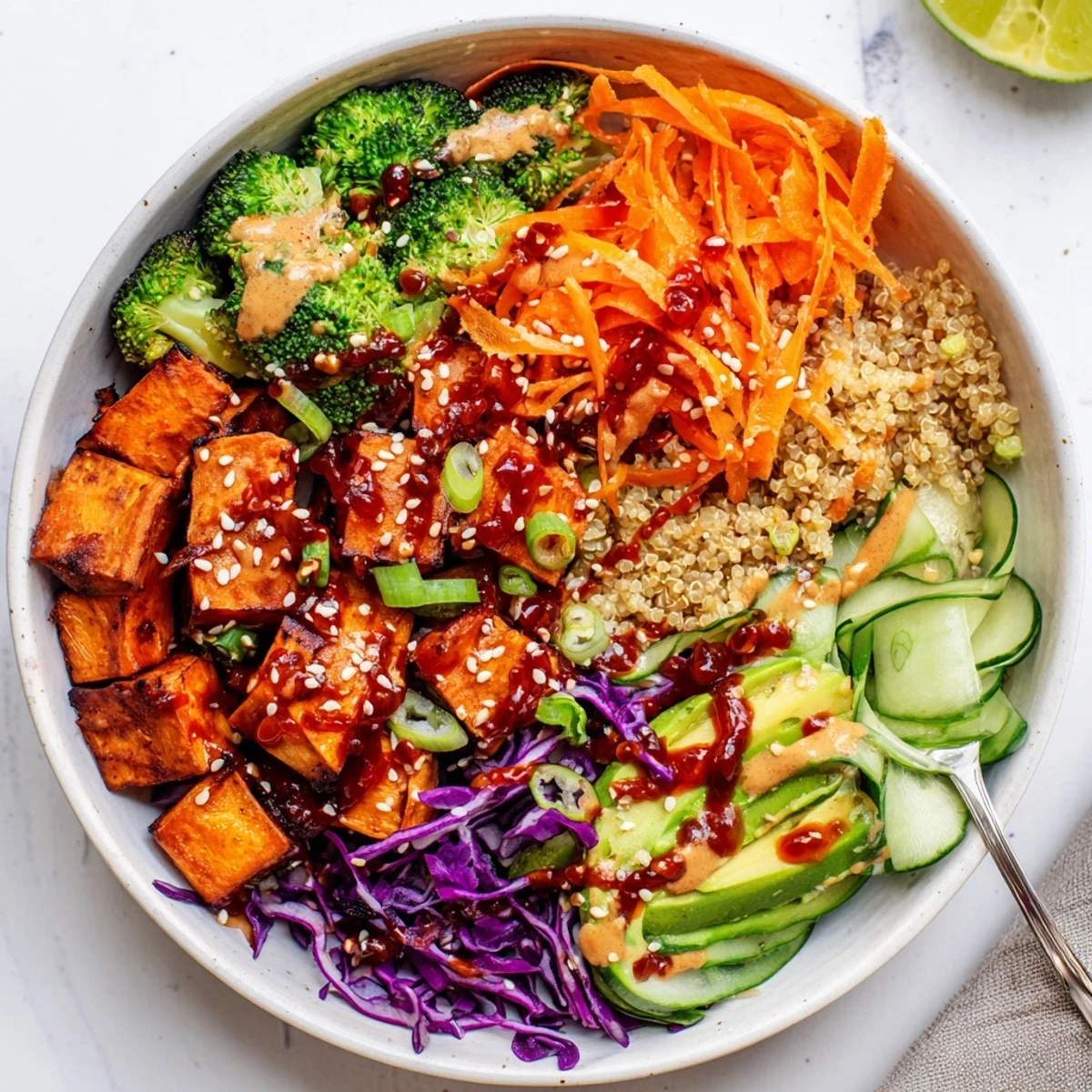 Warm Spicy Chili Oil Roasted Sweet Potato Veggie Bowl with Sesame Seeds, avocado-topped