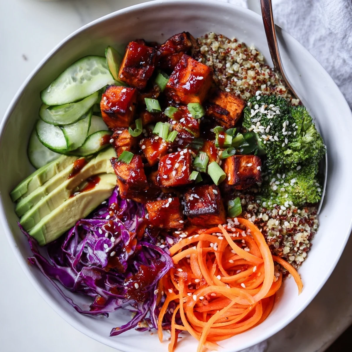 Spicy Chili Oil Roasted Sweet Potato Veggie Bowl with Sesame Seeds served with lime