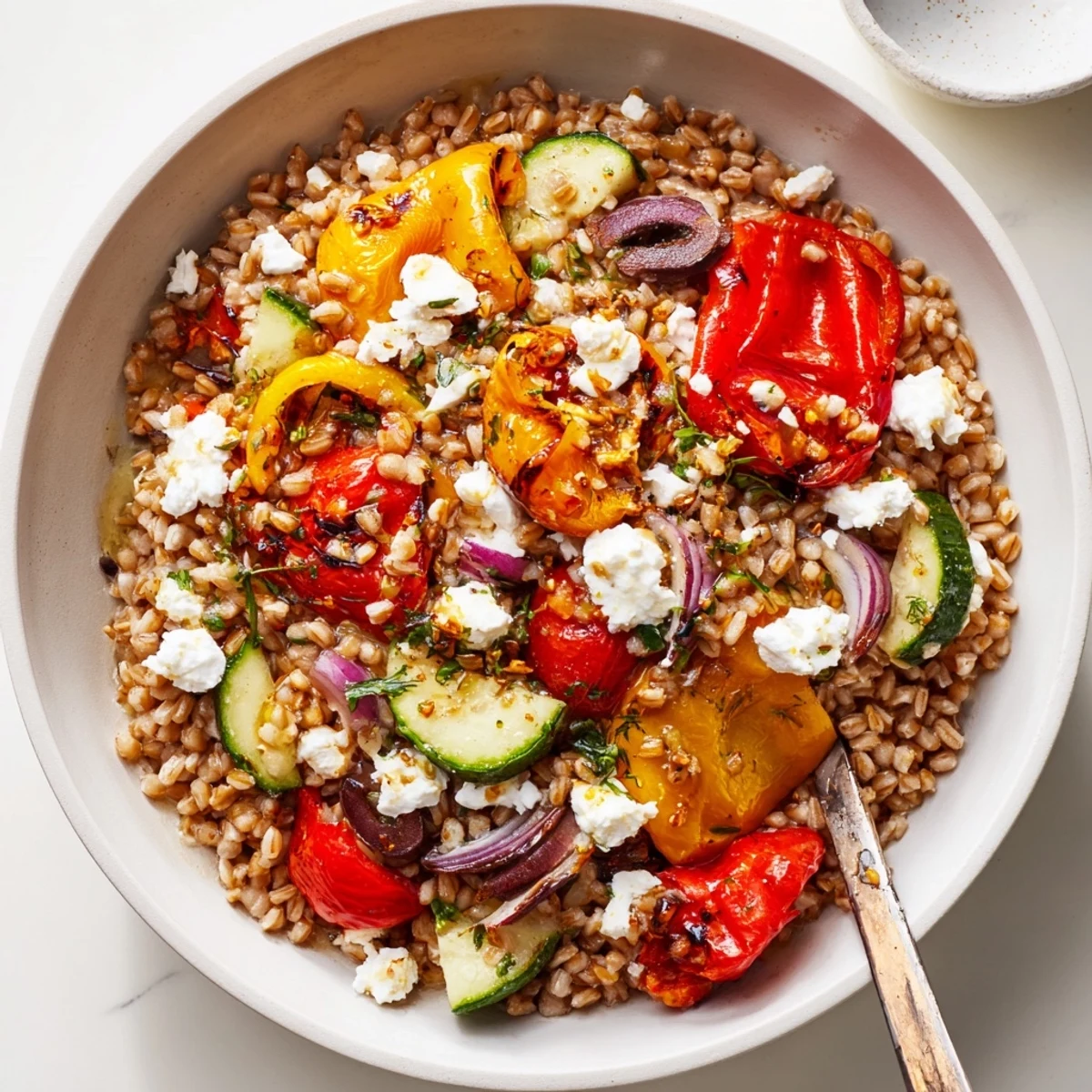 Mediterranean Roasted Pepper Farro Grain Bowl with Feta Crumble, bright lemon herb dressing