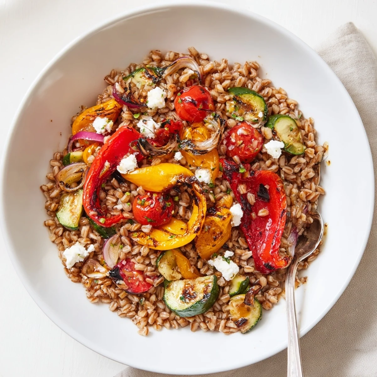 Mediterranean Roasted Pepper Farro Grain Bowl with Feta Crumble, served chilled or room temperature