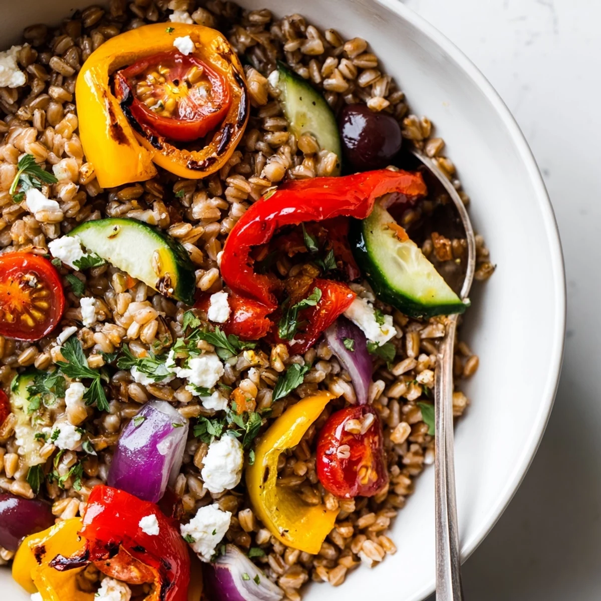 Oven charred peppers, farro in Mediterranean Roasted Pepper Farro Grain Bowl with Feta Crumble