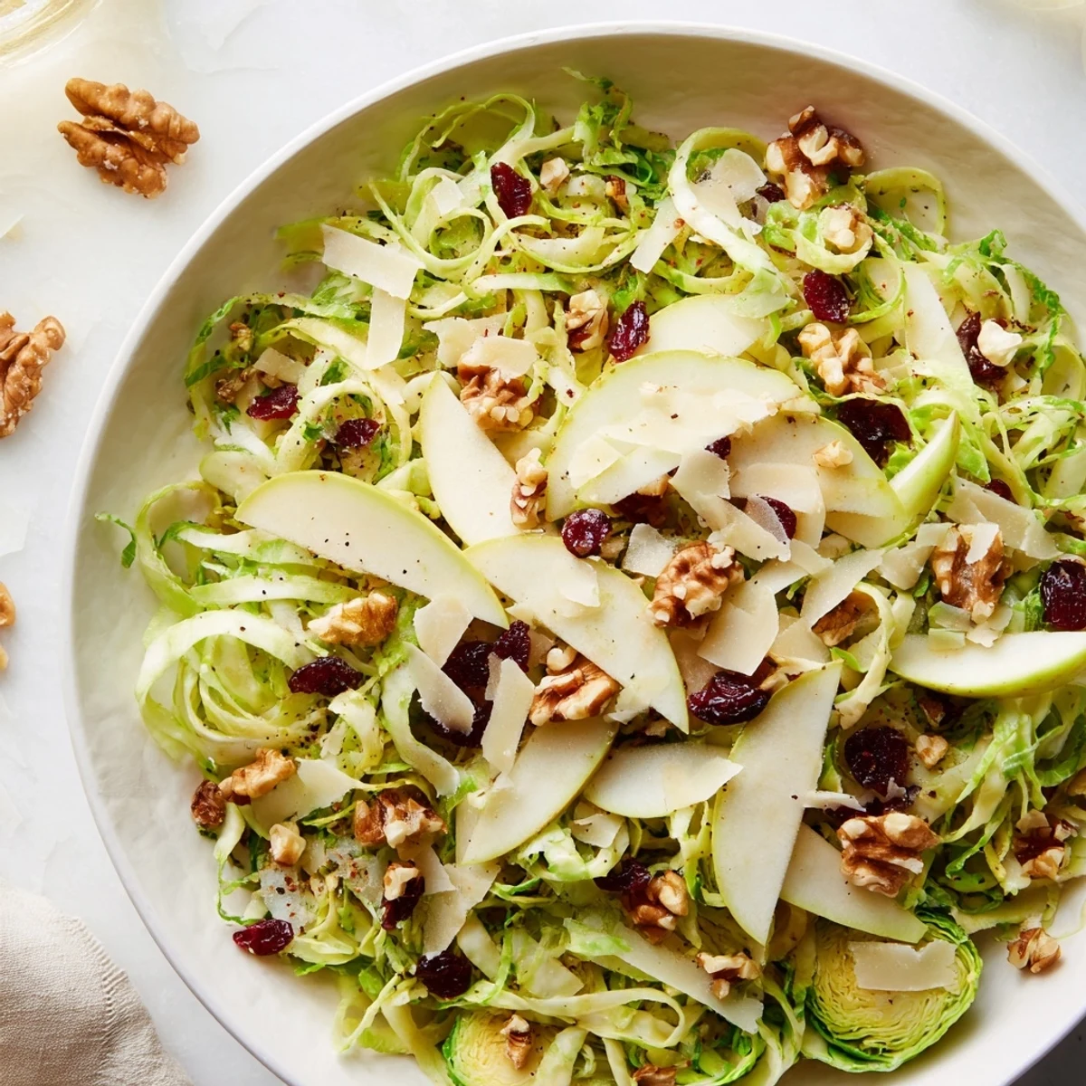 Crisp autumn Shaved Brussels Sprout Apple Walnut Salad Bowl with Dijon Dressing