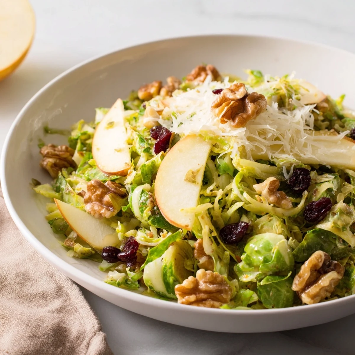 Shaved Brussels Sprout Apple Walnut Salad Bowl with Dijon Dressing, served with Sauvignon Blanc