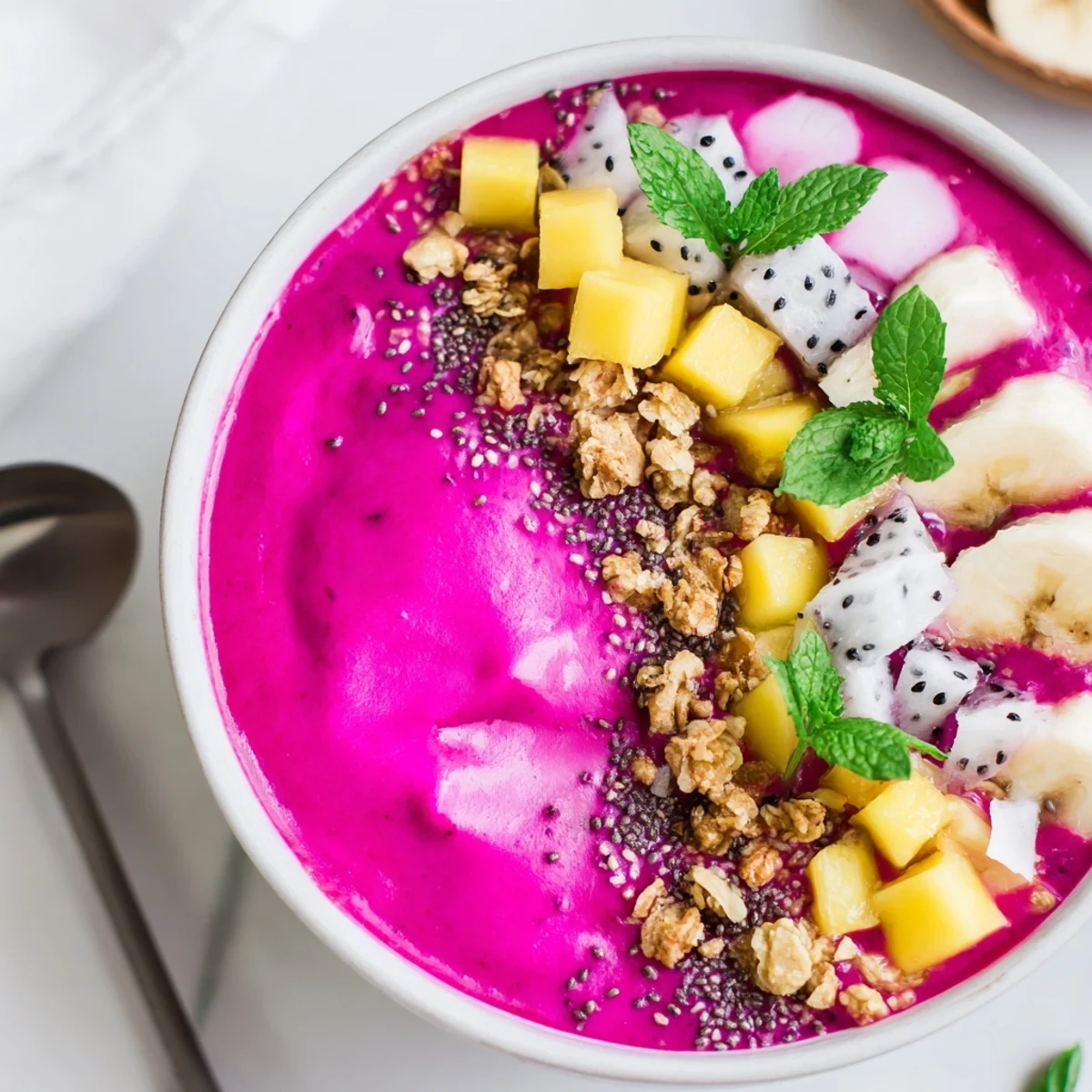 Dragon Fruit Mango Coconut Smoothie Bowl topped with crunchy granola and fresh mango